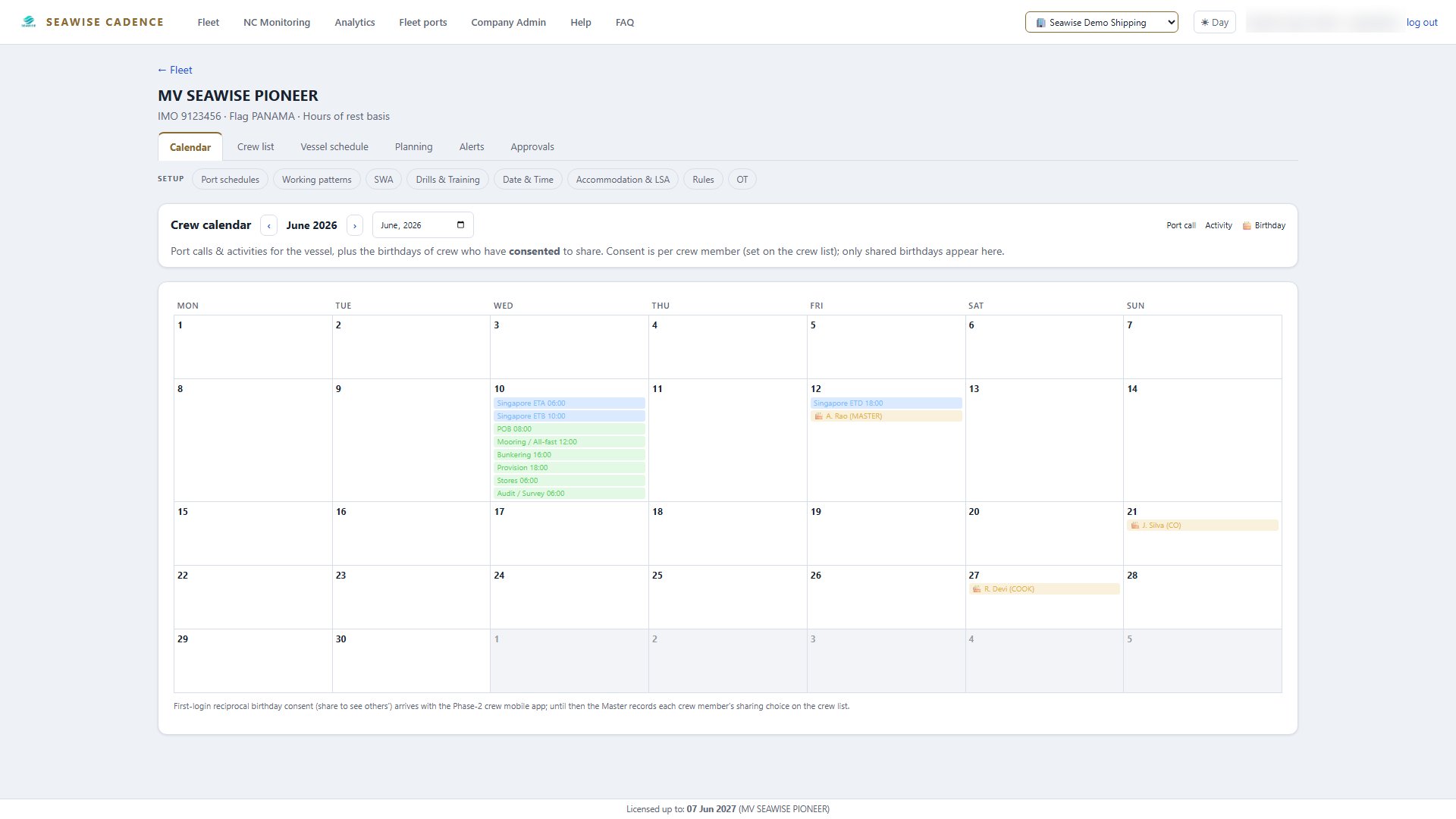 Vessel crew calendar — port calls and activities