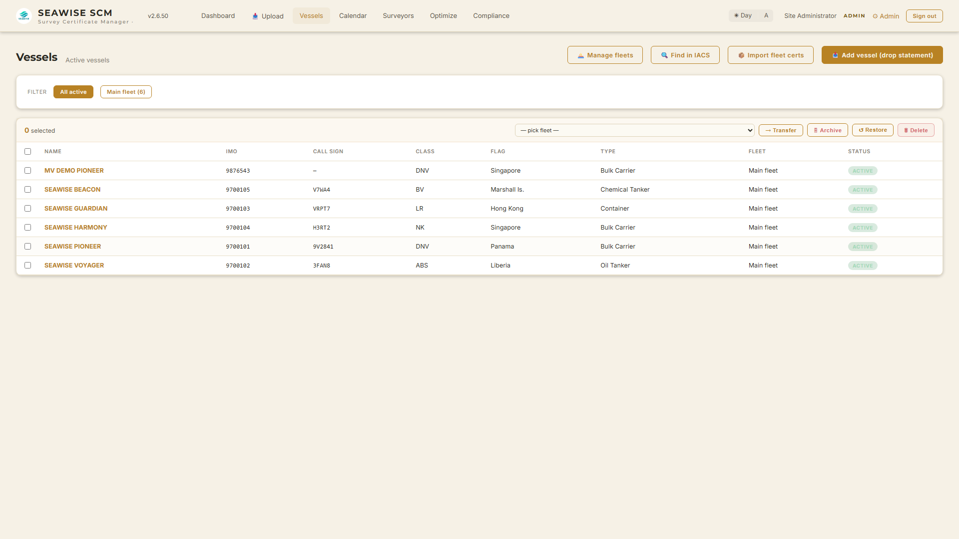 Fleet list across DNV / ABS / LR / NK / BV