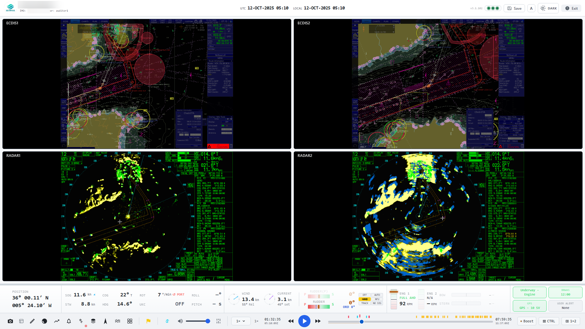 Four-screen bridge replay — ECDIS ×2 and radar ×2 on one synchronised timeline