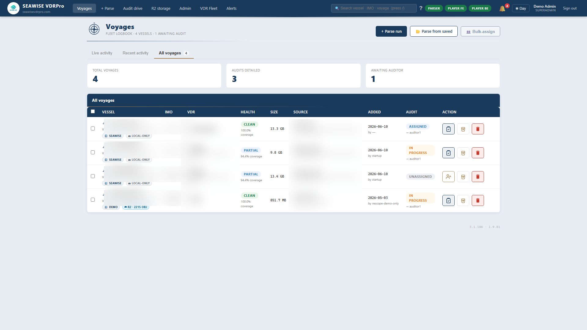 Fleet logbook — voyages from multiple VDR brands, side by side